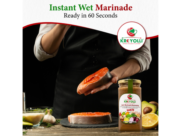 Chef pouring Kreyolli Jerk Marinade over salmon, ready in 60 seconds.
