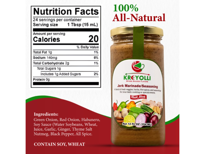 Nutritional facts and ingredient list of Kreyolli Jerk Marinade.