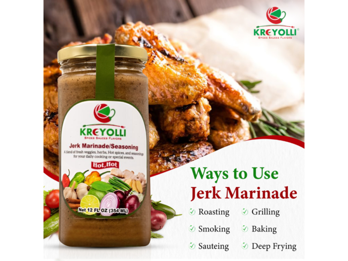 Kreyolli Jerk Marinade next to deliciously roasted chicken with suggested uses.