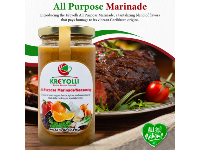 Kreyolli All-Purpose Marinade showcased with a succulent steak.