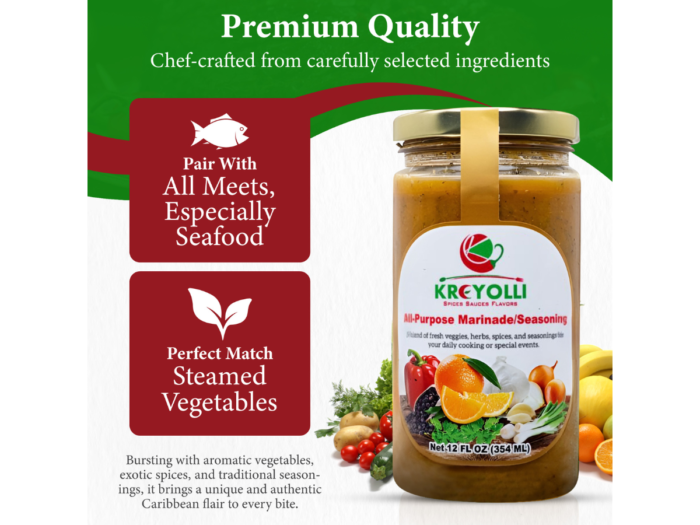 Kreyolli All-Purpose Marinade jar with suggestions for pairing with meats and vegetables.