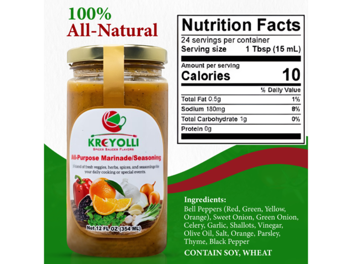 Nutrition facts label of Kreyolli All-Purpose Marinade.