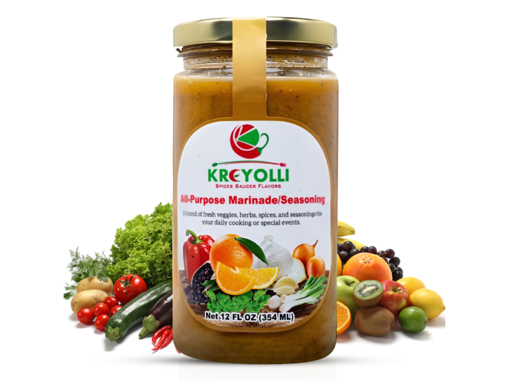Kreyolli All-Purpose Marinade jar front and center with vibrant vegetables in the background.